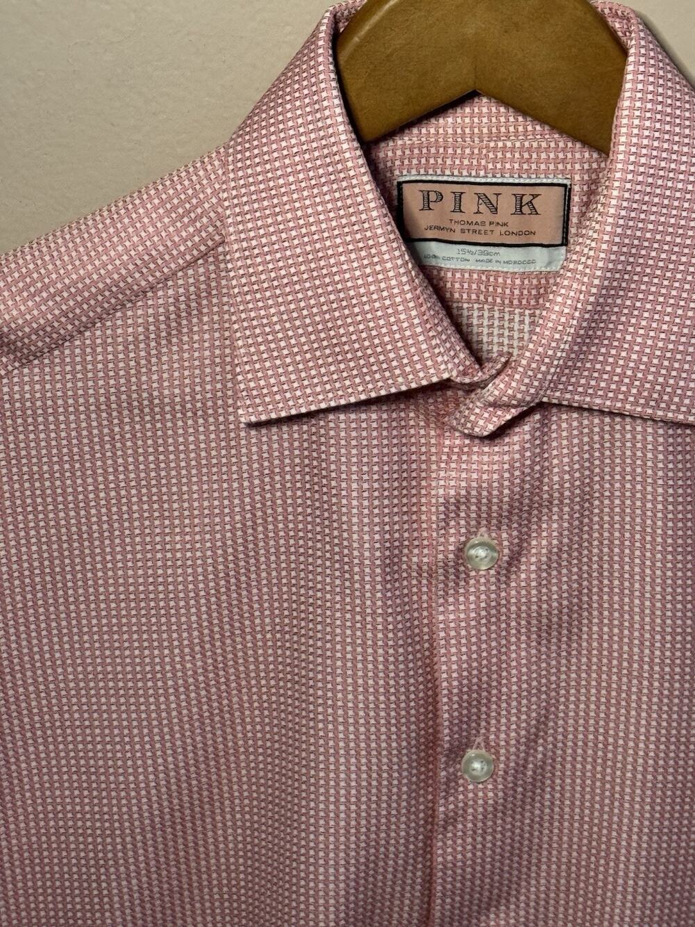 Thomas Pink Shirt Mens M 15.5 Pink Gingham French Cuff Dress Button Up